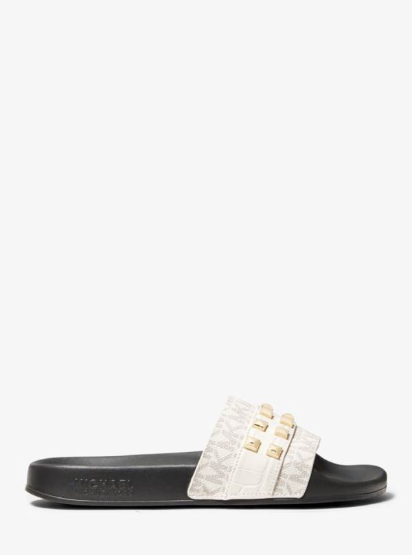 Damske Slapky Michael Kors Brandy Studded Logo and Embossed Leather Krém - Topanky Michael Kors Obchod | QPDEB-2439